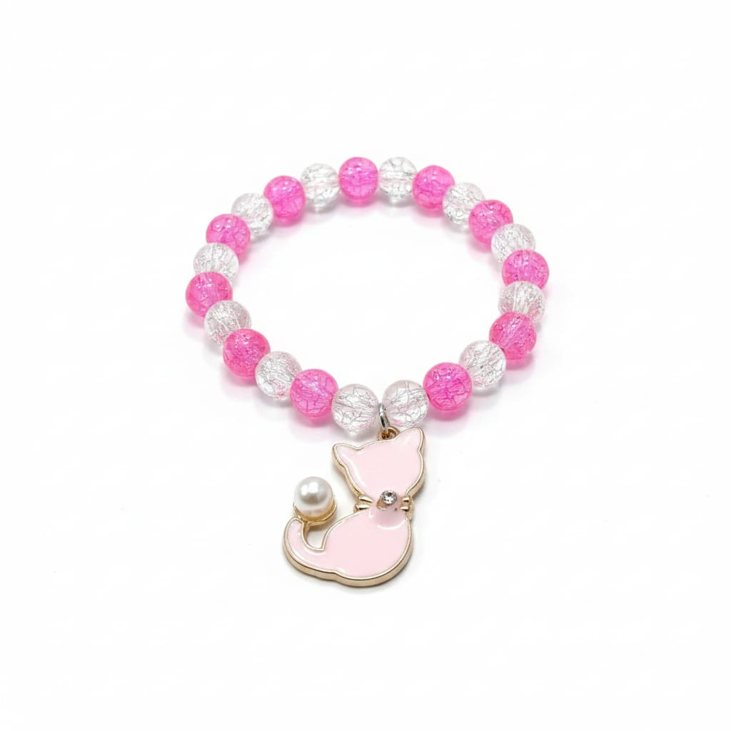 (Pack of 2) Pink and white beaded bracelet with Cat charm